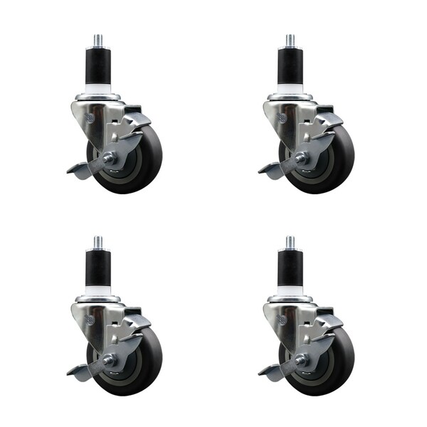 Service Caster 3.5'' SS Thermoplastic Rubber Swivel 1-1/2'' Expanding Stem Caster Set with Brake, 4PK SCC-SSEX20S3514-TPRB-TLB-112-4 - main